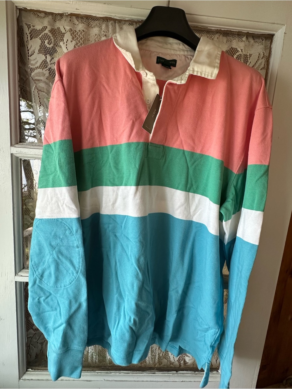 J. Crew Striped Rugby Shirt in Coral, Green, White, Teal